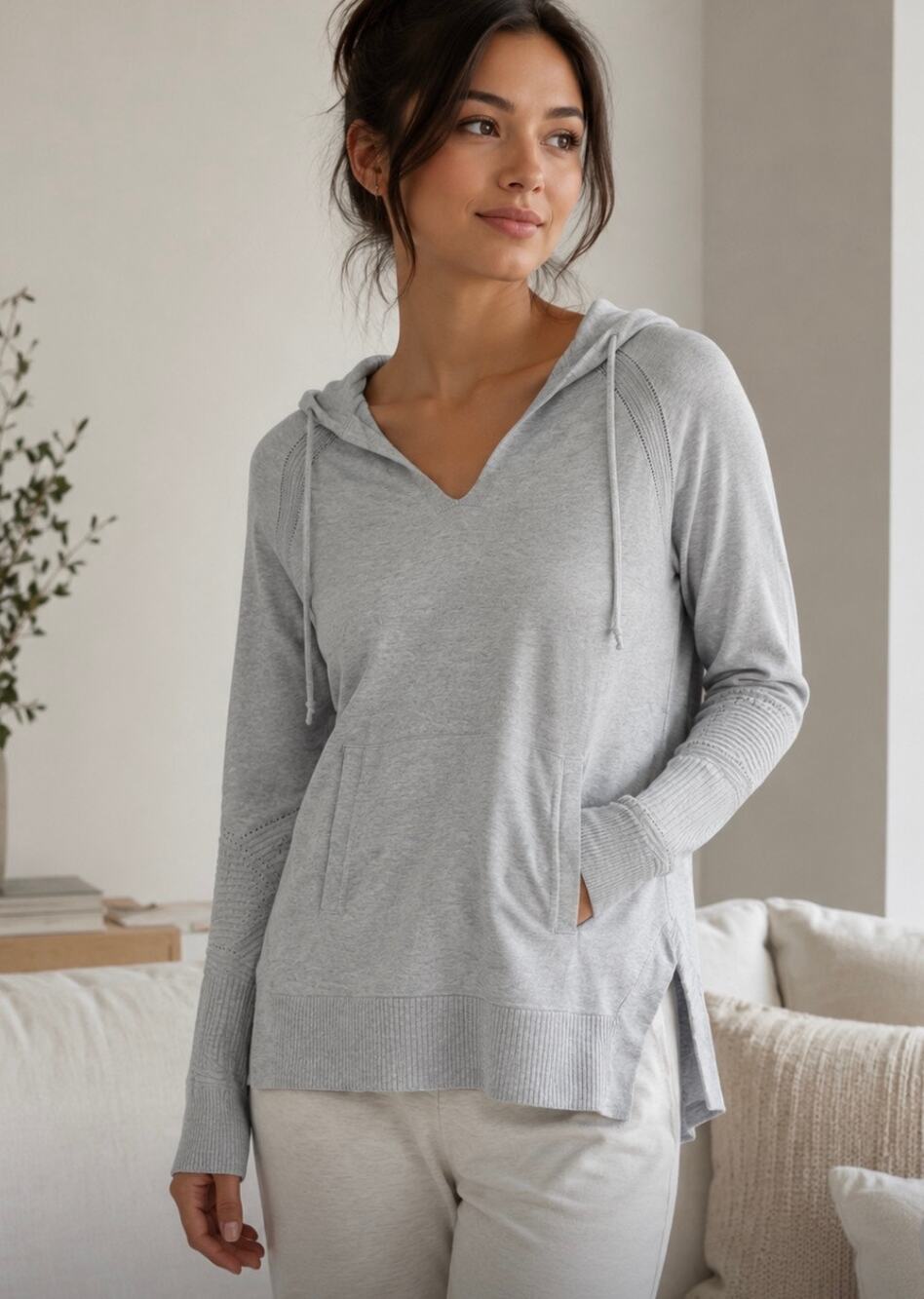 Athleta Gray Hooded knit Pullover hoodie Sweater Ribbed Sleeve loungewear S